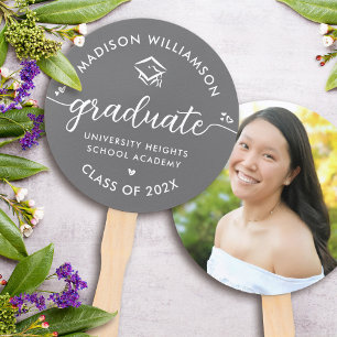 Grey 1 Photo Graduation Modern Script Hearts Cap Hand Fan