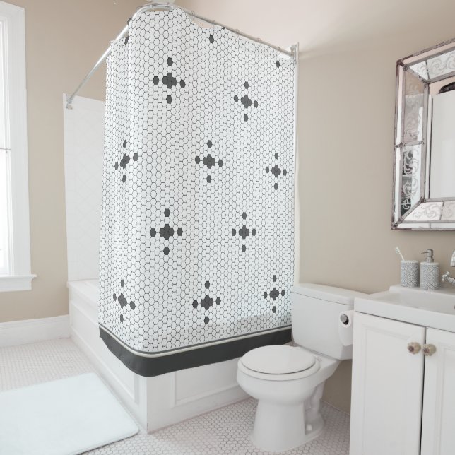 Grey 4-pointed star Hexagon Penny Tile Bathroom Shower Curtain (In Situ)