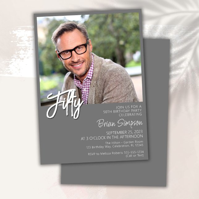 Grey 50th Birthday Photo  Invitation (Creator Uploaded)