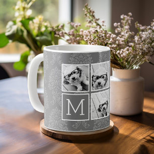 Grey 5 Photo Collage with Text Monogram Coffee Mug