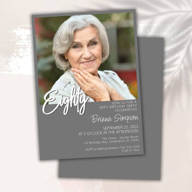 Grey 80th Birthday Photo Invitation (Creator Uploaded)