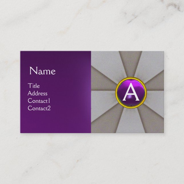 GREY ABSTRACT ,PURPLE GEMSTONE MONOGRAM Pearl Business Card (Front)