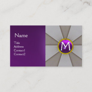 GREY ABSTRACT STRIPES ,PURPLE GEMSTONE MONOGRAM BUSINESS CARD