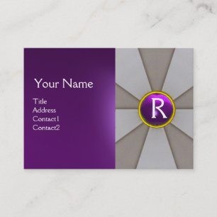 GREY ABSTRACT STRIPES ,PURPLE GEMSTONE MONOGRAM BUSINESS CARD