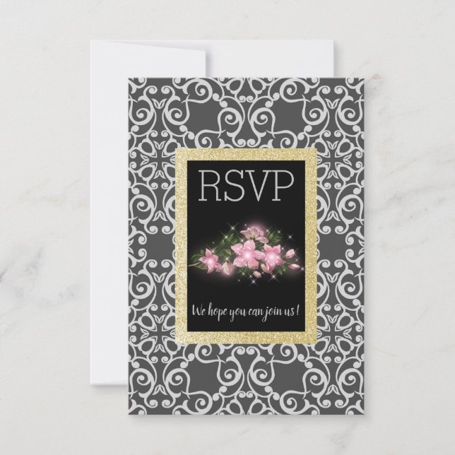 Grey Abstract with gold glitter floral rsvp card (Front)