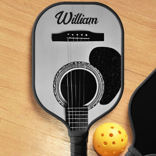 Grey Acoustic Guitar Woodgrain Guitarist Name Text Pickleball Paddle
