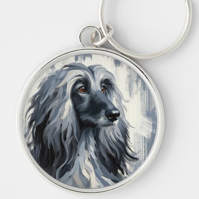 Grey Afghan Hound Portrait Key Ring (Front)