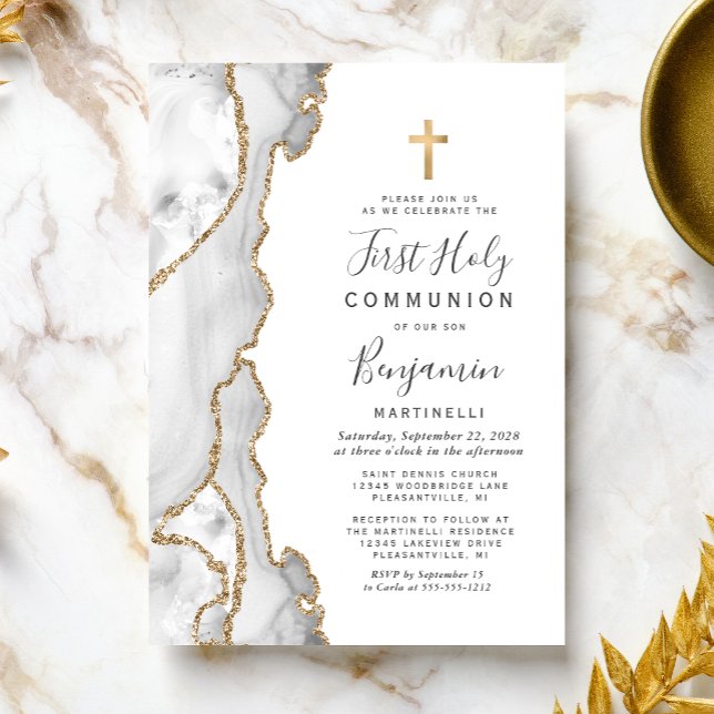   Grey Agate Gold Glitter First Holy Communion Invitation (Creator Uploaded)