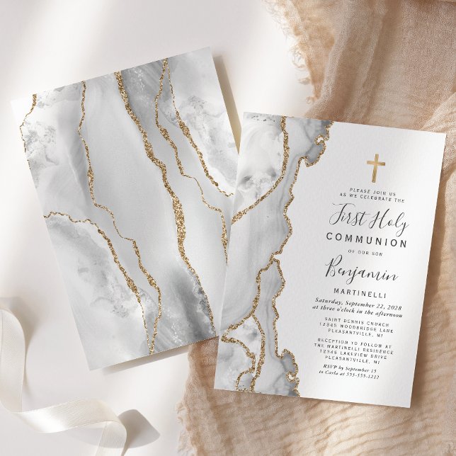   Grey Agate Gold Glitter First Holy Communion Invitation (Creator Uploaded)