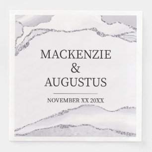 Grey Agate Silver Glitter Bride and Groom Wedding Napkin