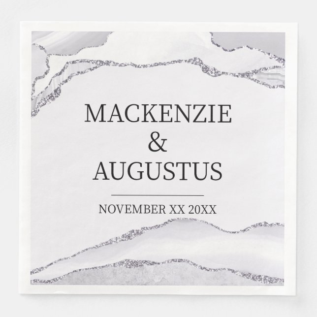 Grey Agate Silver Glitter Bride and Groom Wedding Napkin (Front)