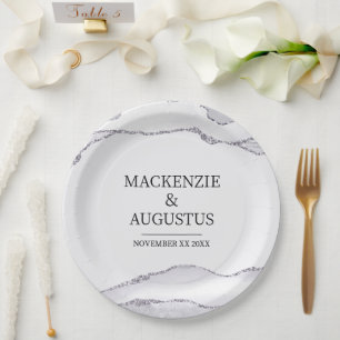 Grey Agate Silver Glitter Bride and Groom Wedding Paper Plate