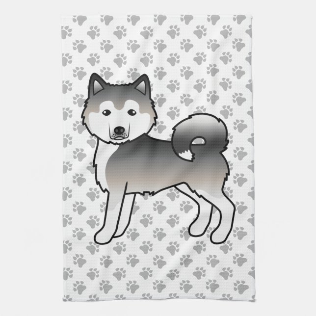 Grey Alaskan Malamute Cute Cartoon Dog Tea Towel (Vertical)