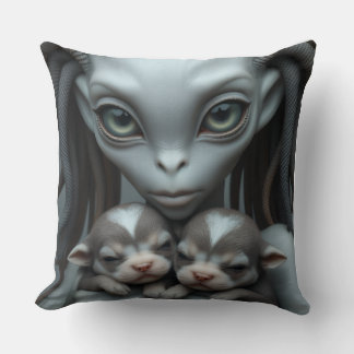 Grey Alien Holding Puppies Cushion
