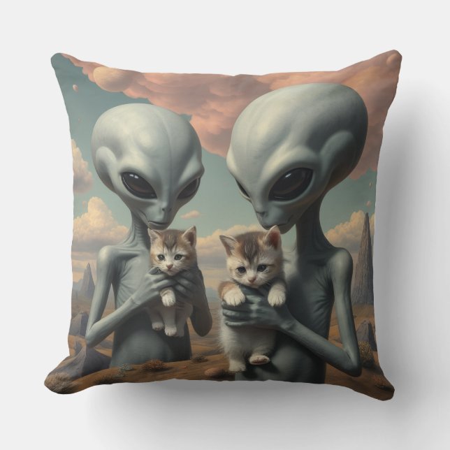 Grey Aliens Holding Kittens Cushion (Front)