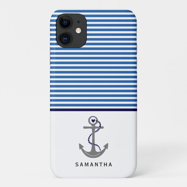 Grey anchor and blue, white stripes navy nautical Case-Mate iPhone case (Back)