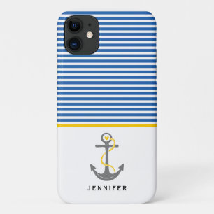 Grey anchor and blue white stripes yellow nautical Case-Mate iPhone case
