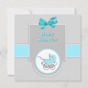 Grey and Aqua Baby Pram Baby Shower Invitation