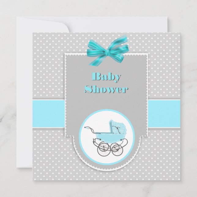 Grey and Aqua Baby Pram Baby Shower Invitation (Back)
