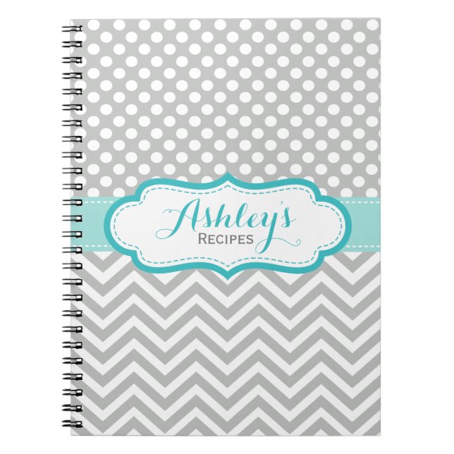 Grey and Aqua Blue Polka Dots Pattern Spiral Notebook (Front)
