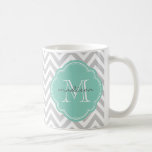 Grey and Aqua Chevron Custom Monogram Coffee Mug<br><div class="desc">Cute girly preppy chic zigzag chevron pattern with custom monogram name and initial in a quatrefoil frame. Adorable and unique personalised gifts! Click Customise It to change monogram fonts and colours for a unique one of a kind design.</div>