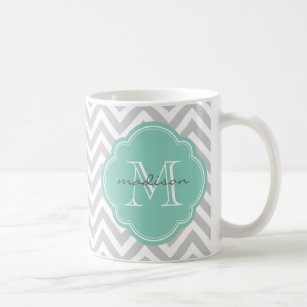 Grey and Aqua Chevron Custom Monogram Coffee Mug