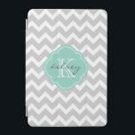 Grey and Aqua Chevron Custom Monogram iPad Mini Cover<br><div class="desc">Cute trendy chic iPad case features a preppy zigzag chevron pattern personalised with your monogram name and initial in a girly quatrefoil frame. Click Customise It to change text fonts and colours to create your own unique one of a kind design.</div>