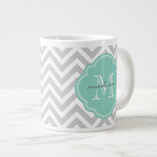 Grey and Aqua Chevron Custom Monogram Large Coffee Mug