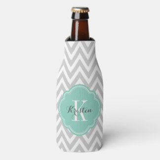 Grey and Aqua Chevron Monogram Bottle Cooler