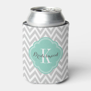 Grey and Aqua Chevron Monogram Can Cooler