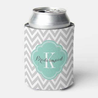 Grey and Aqua Chevron Monogram Can Cooler