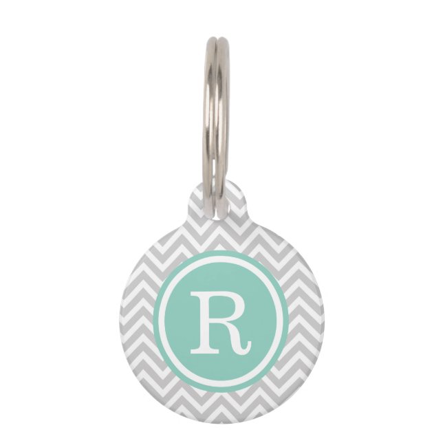 Grey and Aqua Chevron Monogram Pet Tag (Front)