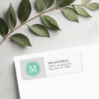 Grey and Aqua Chevron Monogram Return Address