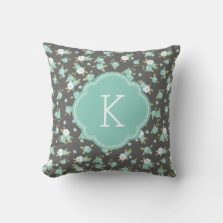 Grey and Aqua Chic Vintage Floral Print Monogram Cushion