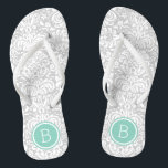 Grey and Aqua Floral Damask Monogram Jandals<br><div class="desc">Custom printed flip flop sandals with a stylish elegant floral damask pattern and your custom monogram or other text in a circle frame. Click Customise It to change text fonts and colours or add your own images to create a unique one of a kind design!</div>
