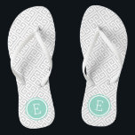 Grey and Aqua Greek Key Monogram Jandals<br><div class="desc">Custom printed flip flop sandals with a stylish modern Greek key pattern and your custom monogram or other text in a circle frame. Click Customise It to change text fonts and colours or add your own images to create a unique one of a kind design!</div>