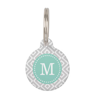 Grey and Aqua Ikat Diamonds Monogram Pet Tag