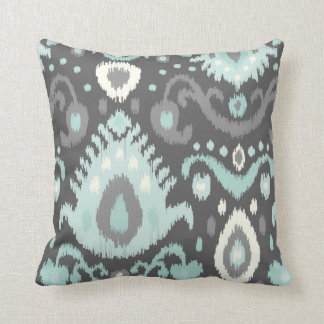 Grey and Aqua Ikat Print Cushion