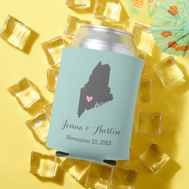 Grey and Aqua Maine Wedding Favour Can Cooler (In Situ Summer)