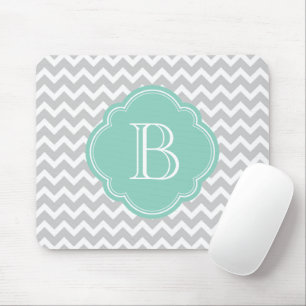 Grey and Aqua Modern Chevron Custom Monogram Mouse Pad