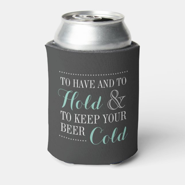 Grey and Aqua Modern Wedding Monogram Can Cooler (Can Back)