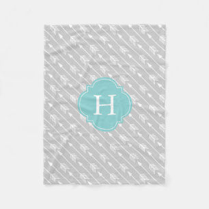Grey and Aqua Monogrammed Arrows Pattern Fleece Blanket