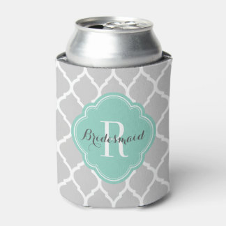 Grey and Aqua Moroccan Quatrefoil Monogram Can Cooler