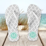 Grey and Aqua Moroccan Quatrefoil Monogram Jandals<br><div class="desc">Custom printed flip flop sandals with a stylish Moroccan quatrefoil pattern and your custom monogram or other text in a circle frame. Click Customise It to change text fonts and colours or add your own images to create a unique one of a kind design!</div>