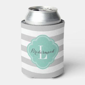 Grey and Aqua Preppy Stripes Monogram Can Cooler