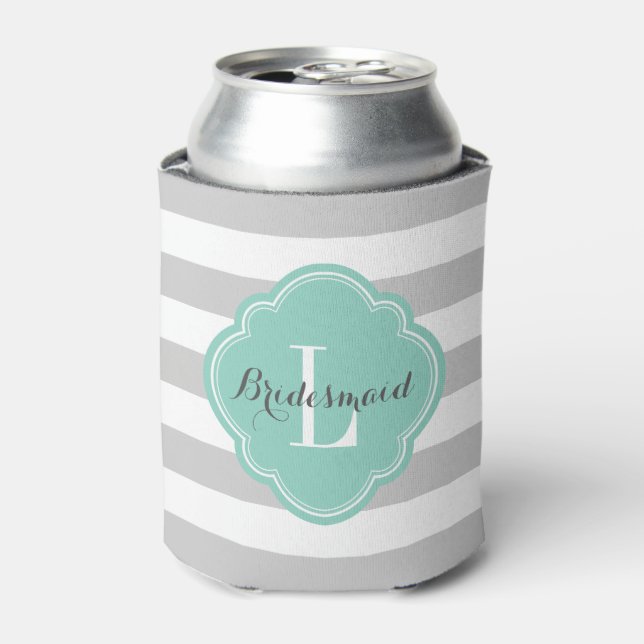 Grey and Aqua Preppy Stripes Monogram Can Cooler (Can Front)