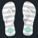 Grey and Aqua Preppy Stripes Monogram Jandals<br><div class="desc">Custom printed flip flop sandals with a preppy nautical stripe pattern and your custom monogram or other text in a circle frame. Click Customise It to change text fonts and colours or add your own images to create a unique one of a kind design!</div>