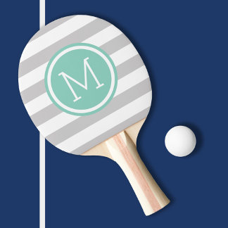 Grey and Aqua Preppy Stripes Monogram Ping Pong Paddle
