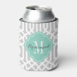Grey and Aqua Trellis Monogram Can Cooler