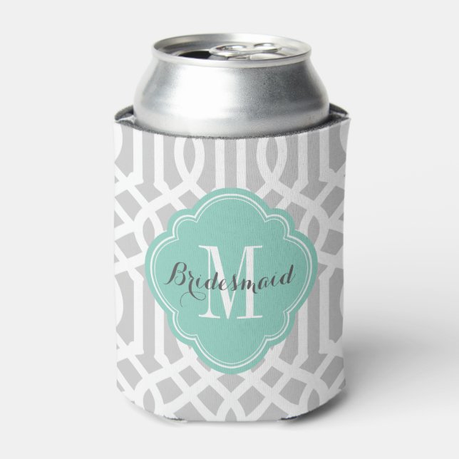 Grey and Aqua Trellis Monogram Can Cooler (Can Front)